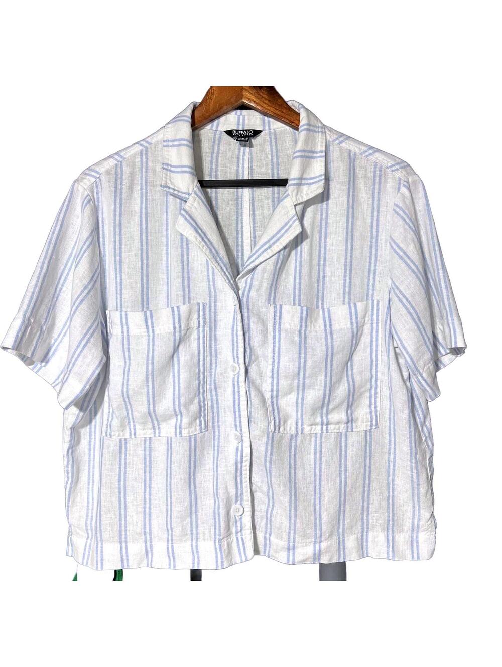 Buffalo David Bitton Women’s Medium White & Blue Striped Linen Blend Button Top